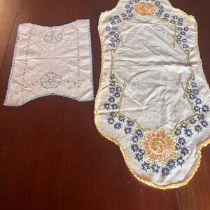 2 Vintage Embroidered 30" Linen Table Runners Yellow Orange Blue Tatted Edge‎